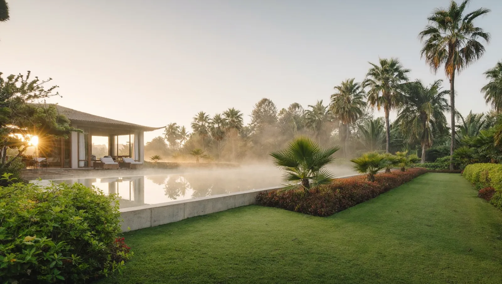 Golden-hour Bali villa garden treated against mosquitoes