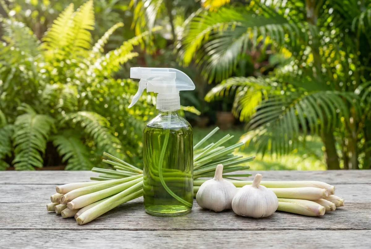 Natural pet-safe mosquito treatment in a Bali garden