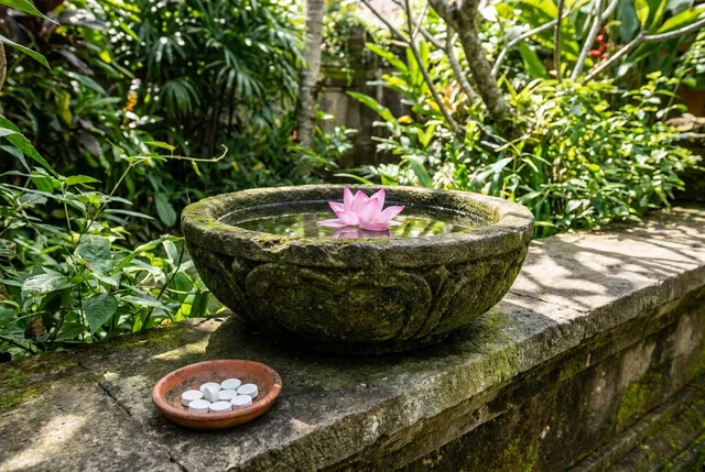 Larvicide treatment being applied to a villa water feature in Bali