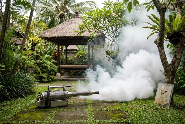 Outdoor garden thermal mosquito fogging in progress at a Bali villa